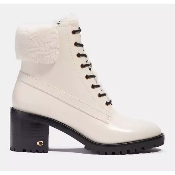 COACH Women’s White Leather Jill Booties Size 8 Block Heel Winter Ankle Boots - Picture 2 of 13
